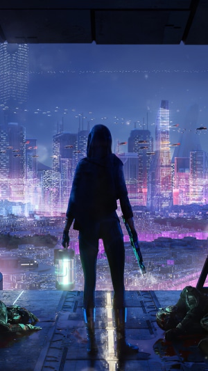 Person with lantern and weapon overlooking futuristic city