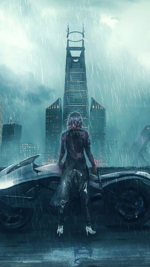 Woman on a futuristic motorcycle in the rain
