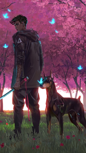 Man with sword and dog in a pink forest
