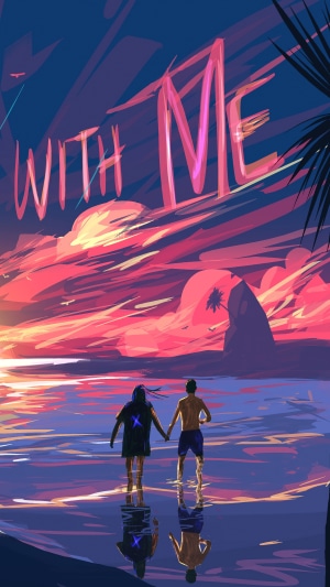 Two people holding hands at sunset with text "WITH ME"
