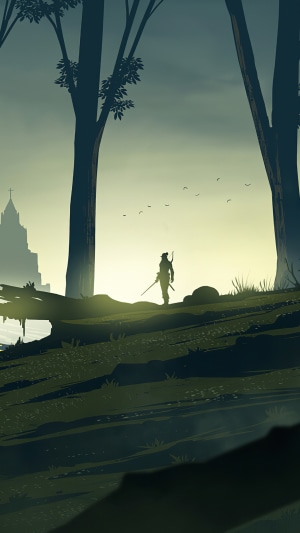Warrior in a forest with a church in the background