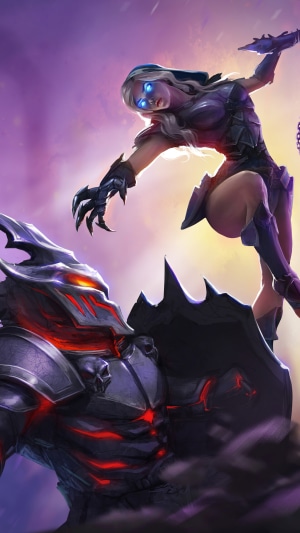 Woman with glowing eyes fighting a demon warrior