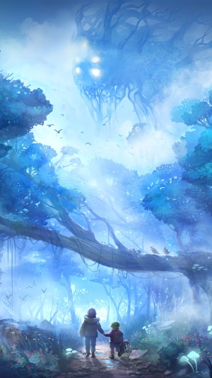 Giant spirit in a blue forest with two children
