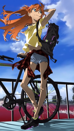 Asuka Langley Soryu from Neon Genesis Evangelion with a bicycle