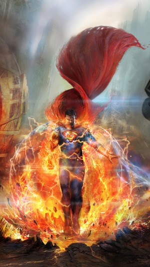 Superman surrounded by fire and energy