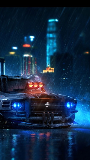 Modified Ford Mustang in rainy city at night