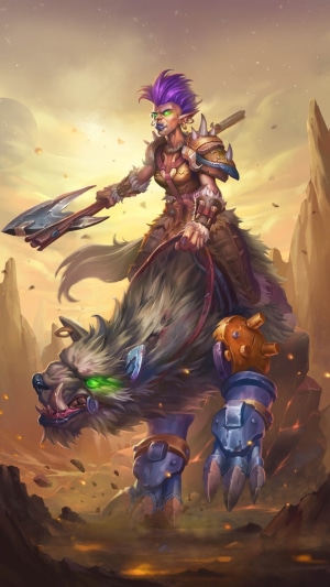 Troll warrior riding a wolf mount in Hearthstone