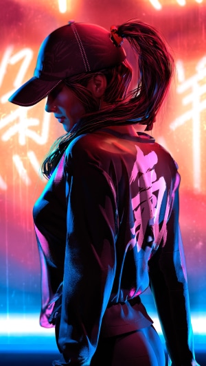 Woman in baseball cap and jacket with neon background