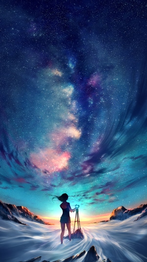 Anime girl with telescope under starry sky