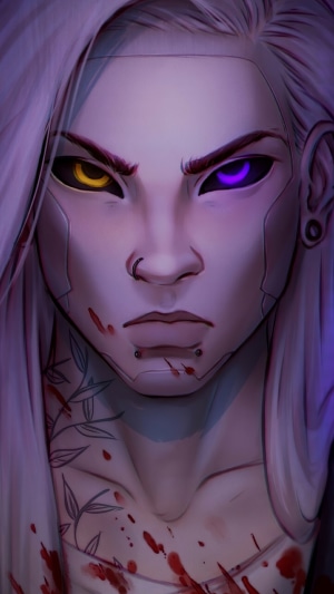 Artwork of a character with cybernetic implants and tattoos
