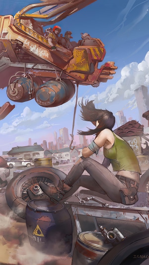 Post-apocalyptic scene with a woman and a flying vehicle