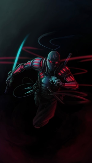 Ninja warrior with glowing cybernetic armor and sword