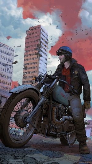 Biker on a motorcycle in a destroyed city