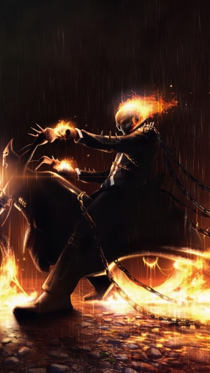 Ghost Rider on a motorcycle with chains and fire