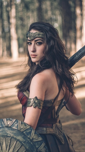 Wonder Woman cosplay with sword and shield
