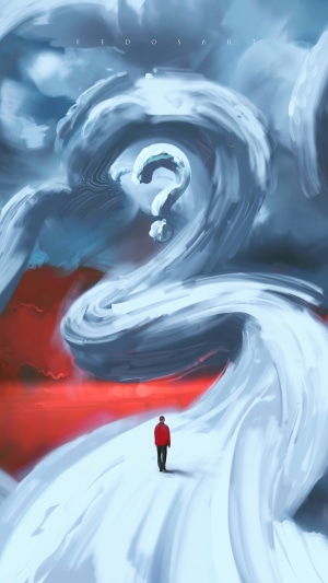 Man walking towards a giant question mark in the clouds