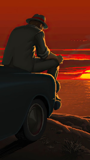 Man in hat sitting on car watching sunset 4K