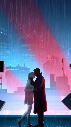 Couple kissing in the rain in a futuristic city