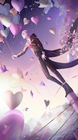 Anime boy holding heart balloons