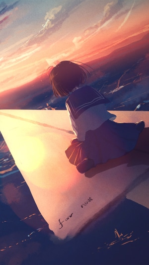 Anime girl in sailor uniform at sunset