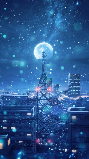 Anime girl on tower under moon and stars