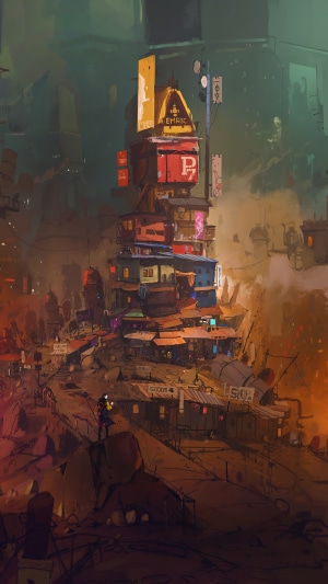 Cyberpunk city with tall buildings and a person