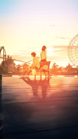 Anime couple sitting on a bench at sunset