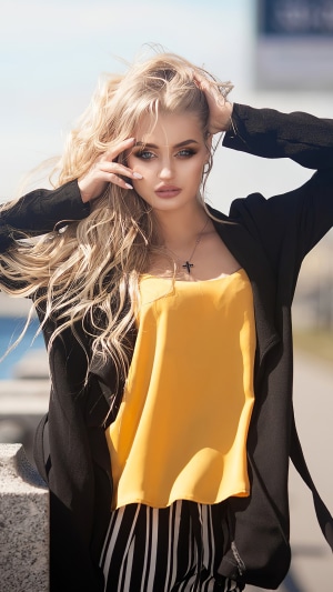 Blonde model in black jacket and yellow top