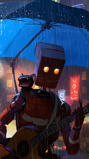Robot playing guitar under an umbrella in the rain