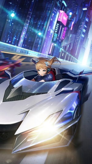 Anime girl racing a futuristic car in a neon city