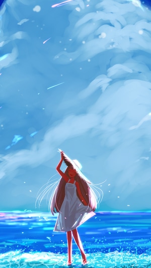 Anime girl in white dress on beach with hat