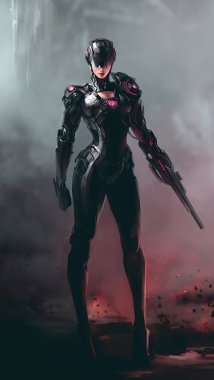 Artwork of a cyborg woman with a gun