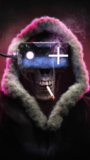 Skull wearing VR headset and smoking