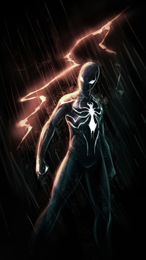 Spider-Man in black suit with lightning
