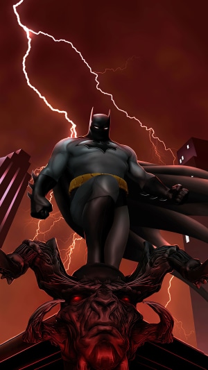 Batman standing on a gargoyle with lightning