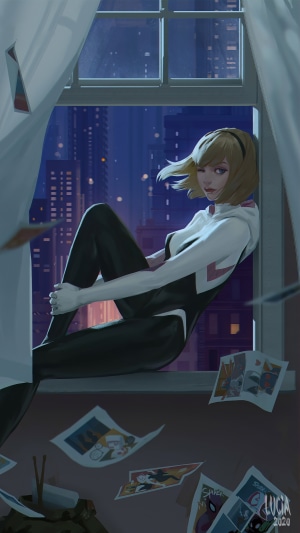 Gwen Stacy from Spider-Man sitting by a window at night