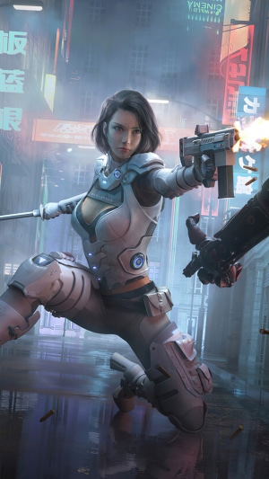 Cyberpunk woman firing a gun in a neon city