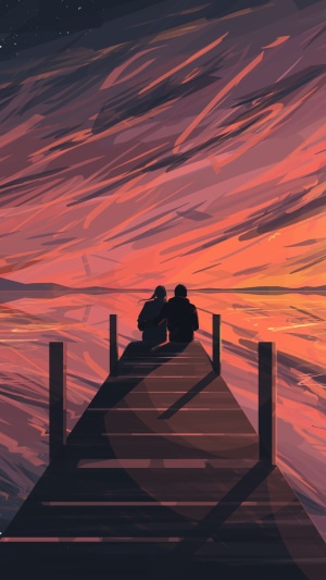 Couple sitting on a dock at sunset