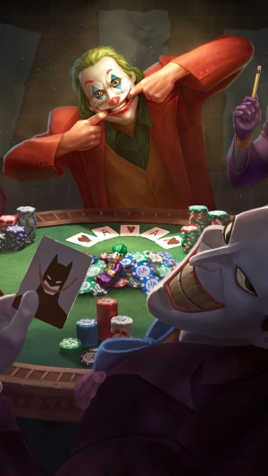 Joker playing poker with Batman card
