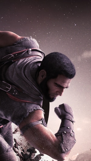 Man with beard and armor in a dramatic pose
