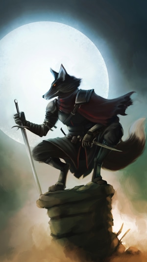Anthropomorphic fox warrior with sword and dagger under moon