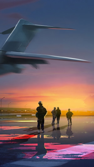 People on tarmac with airplane tail at sunset