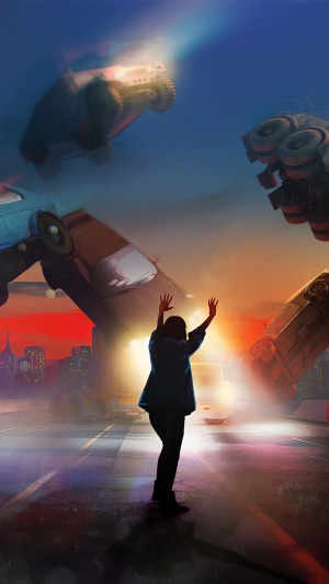 Artwork of a person in a car crash
