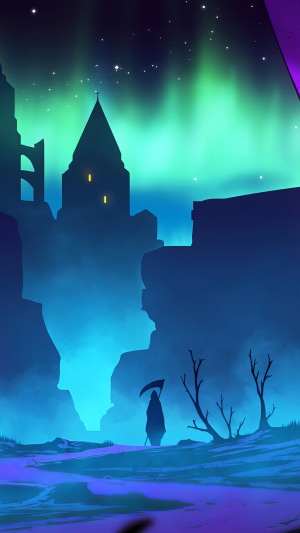 Grim Reaper in a fantasy landscape with aurora borealis