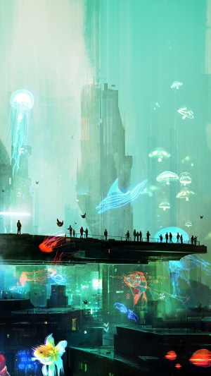 Digital Art of a Futuristic Underwater City with Jellyfish