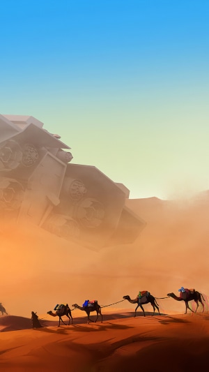 Camels in a desert with a large structure