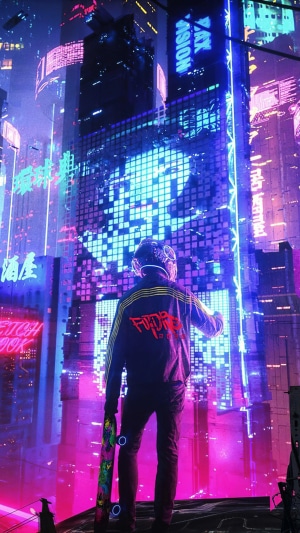 Man with skateboard in neon city