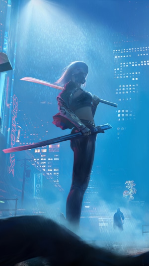 Cyberpunk warrior with swords in neon city
