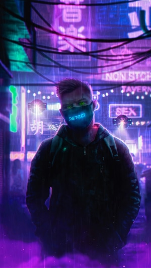 Man with mask in neon city