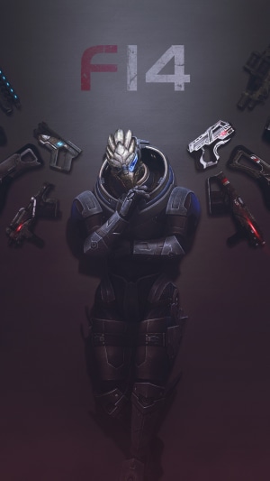 Garrus Vakarian from Mass Effect with weapons
